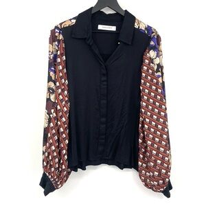Emma & Gaia Blouse Womens 10 46 Top Black Patchwork Balloon Sleeve Boho Collared